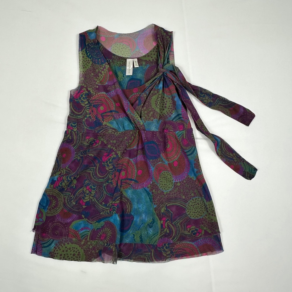 Daisy‎ & Clover Womens Mesh Sleeveless Top Purple Green Abstract Tie V-Neck Med